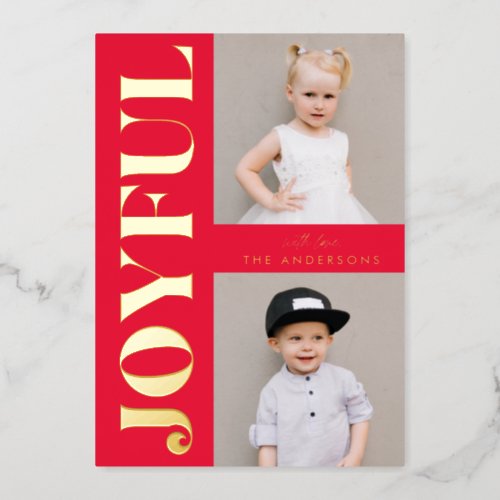 Joyful 2 Photo Red and Gold Foil Holiday Card