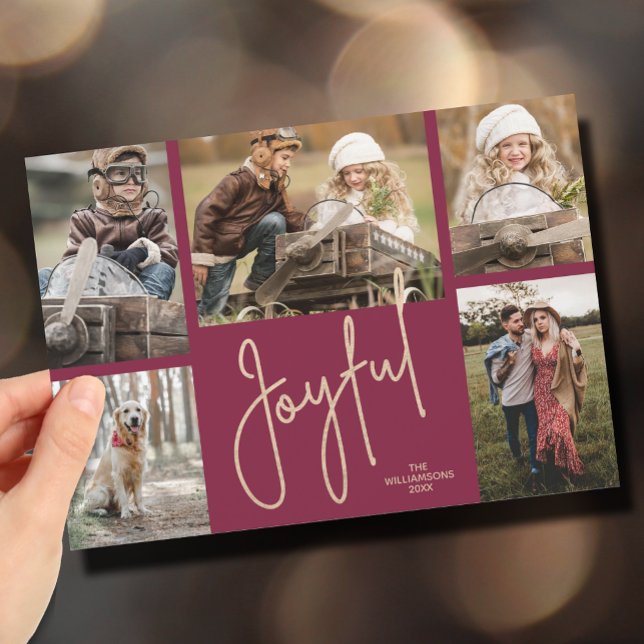 JOYFUL 5 Photo Cranberry Christmas Holiday Card (Gold JOYFUL Multi Photo Christmas Holiday Cards - INSTANT DOWNLOAD and/or PRINTED or both!)