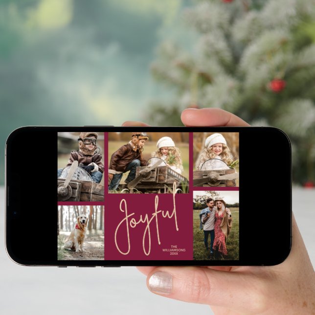 JOYFUL 5 Photo Cranberry Christmas Holiday Card (Front Digital)