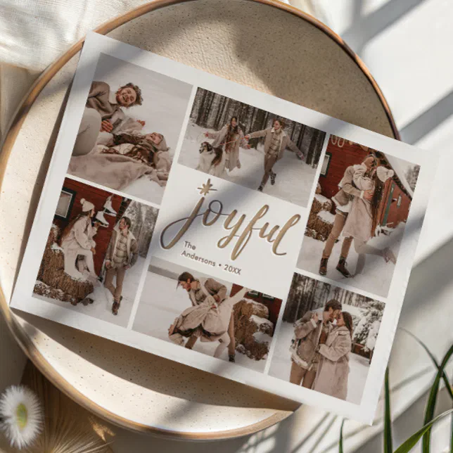 A Christmas-themed letterpress-photo card rests on a wide bowl.