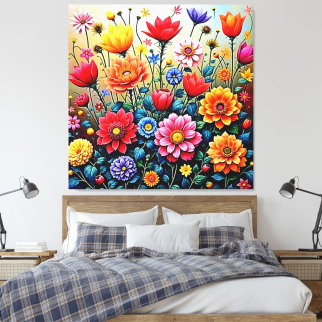 Joyful Abstract Flower Garden Design Canvas Print (Insitu(Bedroom))