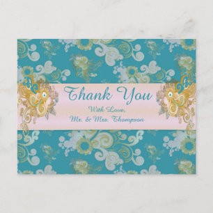 Joyful Abstract Pink, Sky-blue - Pink Flowers Announcement Postcard