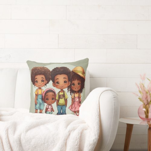 Joyful African American Kids Clipart Set Throw Pillow