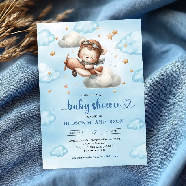Joyful airplane teddy bear blue baby shower invite (Joyful airplane teddy bear blue baby shower invite)