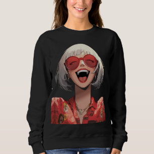 Joyful Anime Girl: Gray Hair, Red Glasses, Red Rob Sweatshirt