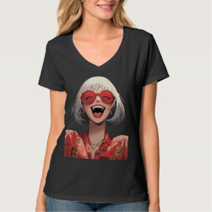 Joyful Anime Girl: Gray Hair, Red Glasses, Red Rob T-Shirt