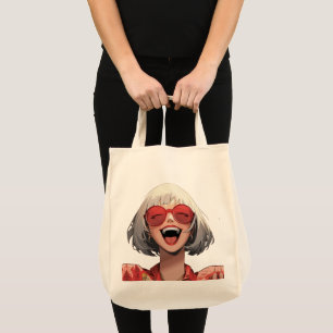 Joyful Anime Girl: Gray Hair, Red Glasses, Red Rob Tote Bag