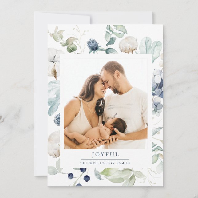 Joyful Arctic Winter Botanical Photo Blue Holiday Card (Front)