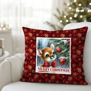 Joyful Baby Deer Snowy Forest Kids Gift Christmas Throw Pillow