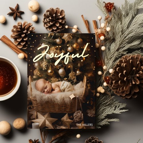 Joyful Baby First Christmas Modern Typography Foil Holiday Card
