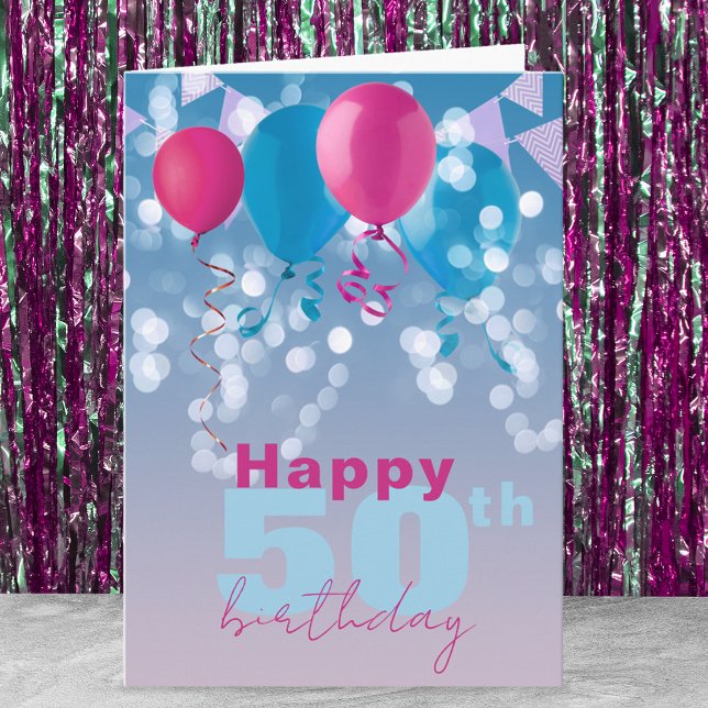 Joyful Balloons Lights Bunting Flags 50th Birthday Card (Creator Uploaded)