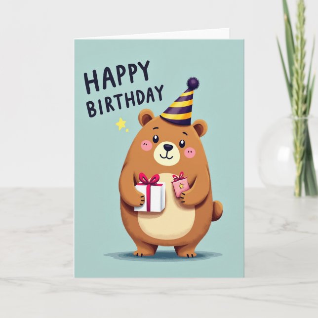 Joyful Bear Party Hat Card (Front)
