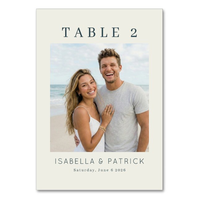 Joyful Beige Minimalist Photo Table Number (Front)