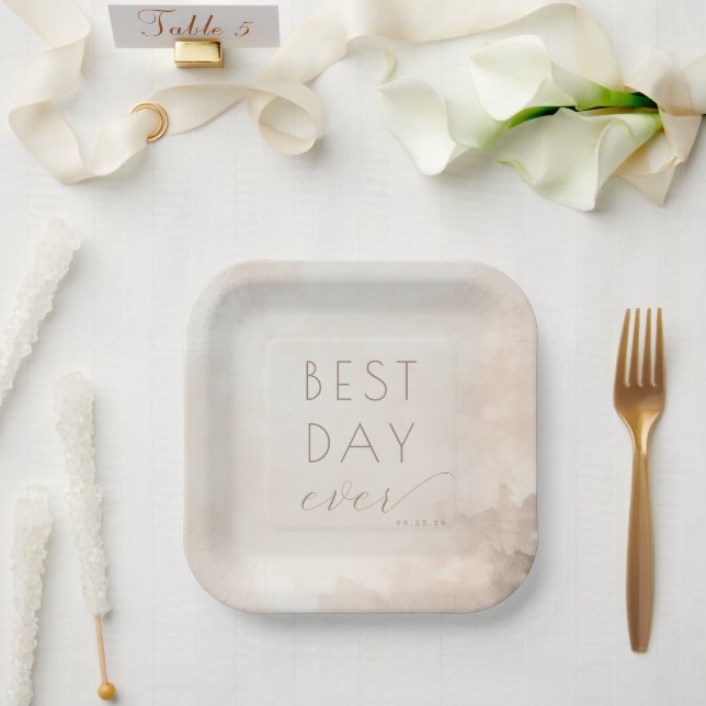 Joyful Beige Watercolor Celebration Paper Plates (Wedding)