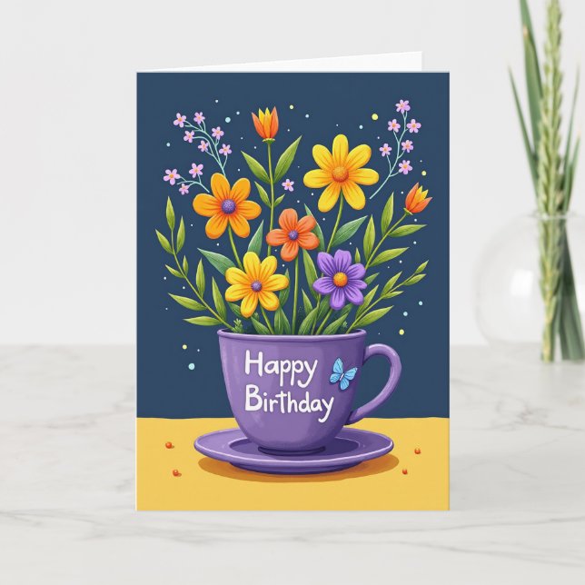 Joyful Birthday Floral Teacup Card (Front)