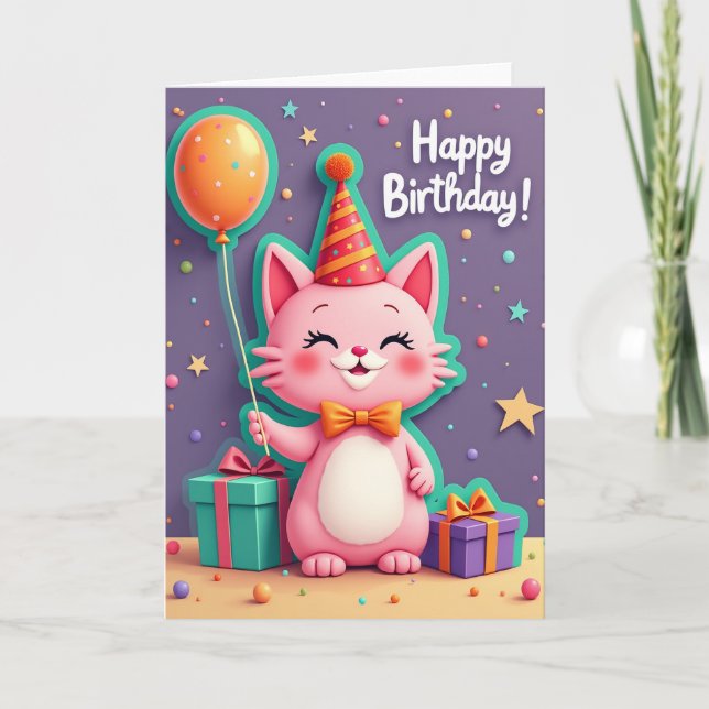 Joyful Birthday Pink Cat Card (Front)