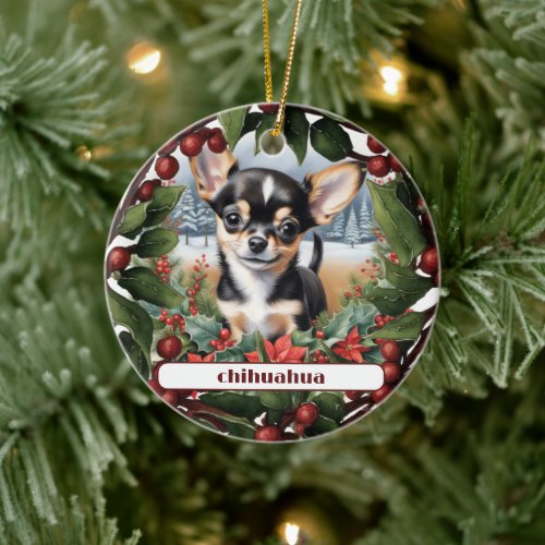 Joyful Black Chihuahua Puppy Custom Christmas  Ceramic Ornament