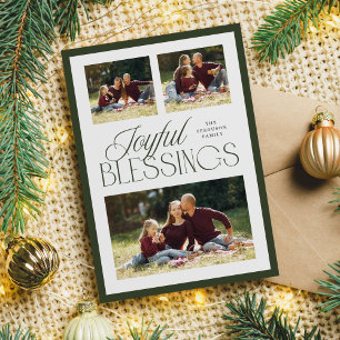 Joyful Blessings Religious Christmas 3-Photo Green Holiday Card