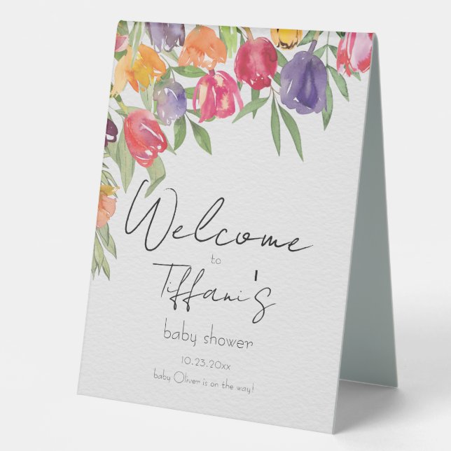 Joyful Blossoms Tulips and Greenery Baby Shower Table Tent (Front)