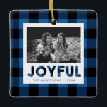 Joyful Blue Buffalo Plaid Photo Ornament<br><div class="desc">This festive Christmas ornament features a blue buffalo plaid pattern with a space for a photo on the front as well as a photo on the back.</div>