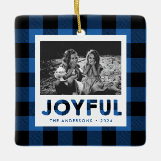 Joyful Blue Buffalo Plaid Photo Ornament
