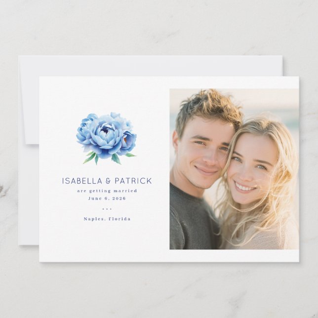 Joyful Blue Floral Photo Save The Date (Front)