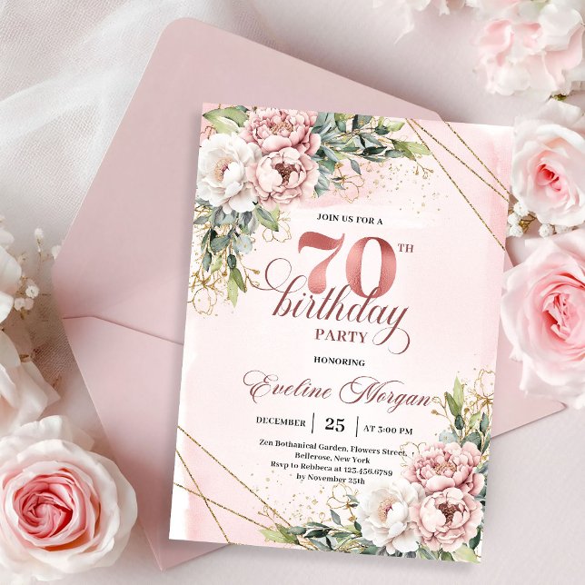 Joyful Blush Pink Shimmering Floral 70th Birthday  Invitation (Joyful Blush Pink Shimmering Floral 70th Birthday Invitation)