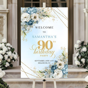 Joyful Boho dusty blue gold 90th birthday welcome Poster