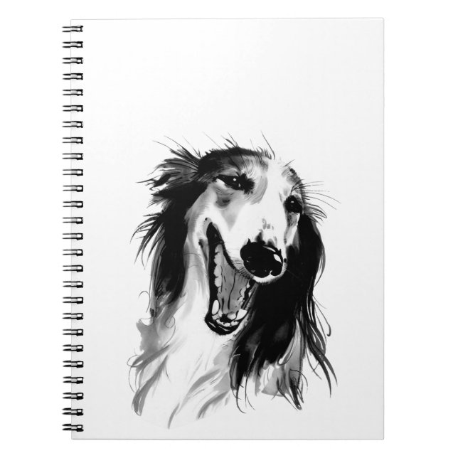 Joyful Borzoi | Black and White Ink Painting Notebook (Front)