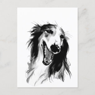 Joyful Borzoi: Whimsical Ink Painting Postcard
