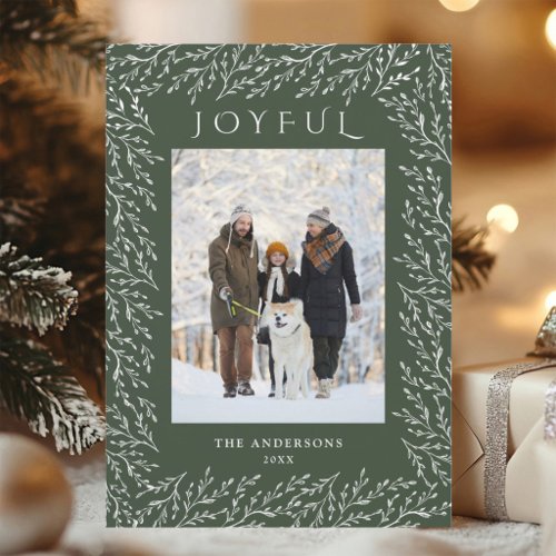 Joyful Botanical Christmas Photo Hunter Green Holiday Card