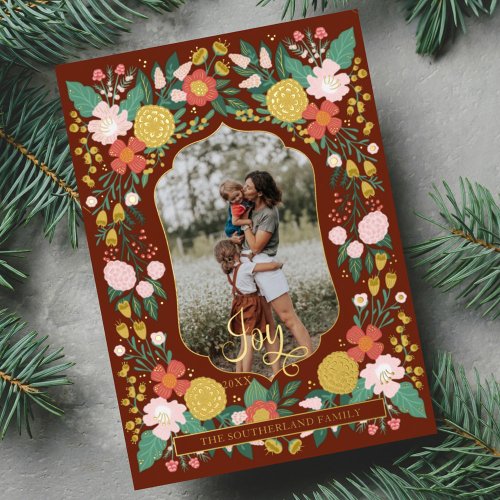 Joyful Botanical Floral Garden Elegant Photo Frame Foil Holiday Card