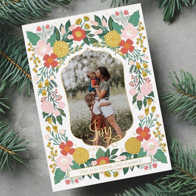 Joyful Botanical Floral Garden Elegant Photo Frame Foil Holiday Card (Creator Uploaded)
