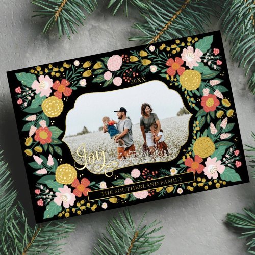 Joyful Botanical Floral Garden Elegant Photo Frame Foil Holiday Card