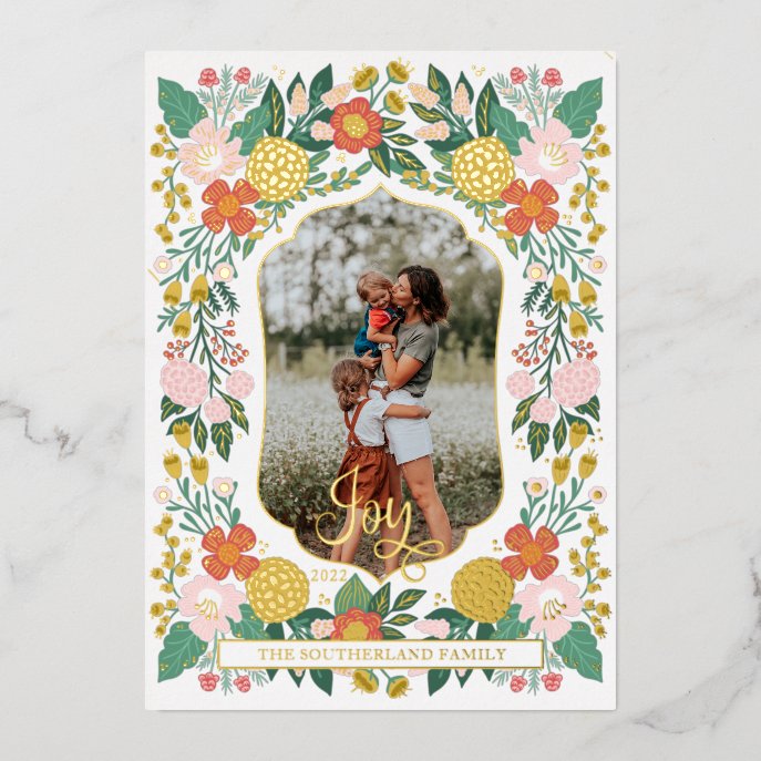 Joyful Botanical Floral Garden Elegant Photo Frame Foil Holiday Card