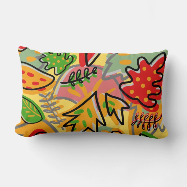 Joyful botanical leaf red yellow pink cute decor lumbar pillow (Front)