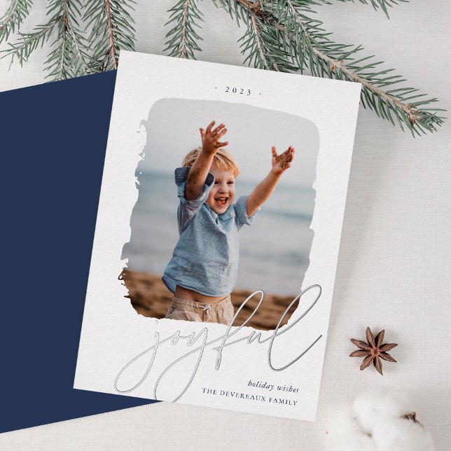 Joyful Brushed Signature | Photo Silver Foil Holiday Card (Creator Uploaded)