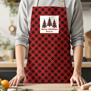 Joyful Buffalo Plaid Tree Custom Name Xmas Kitchen Apron