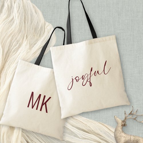 Joyful Burgundy Calligraphy Monogram Initials Tote Bag