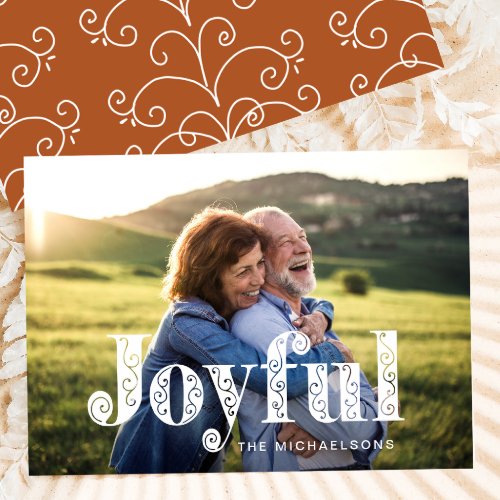 Joyful Burnt Orange Swirls Photo Christmas Holiday Card