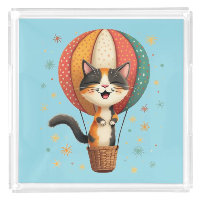 Joyful Calico Cat Sky Adventure Illustration Acrylic Tray (Front)