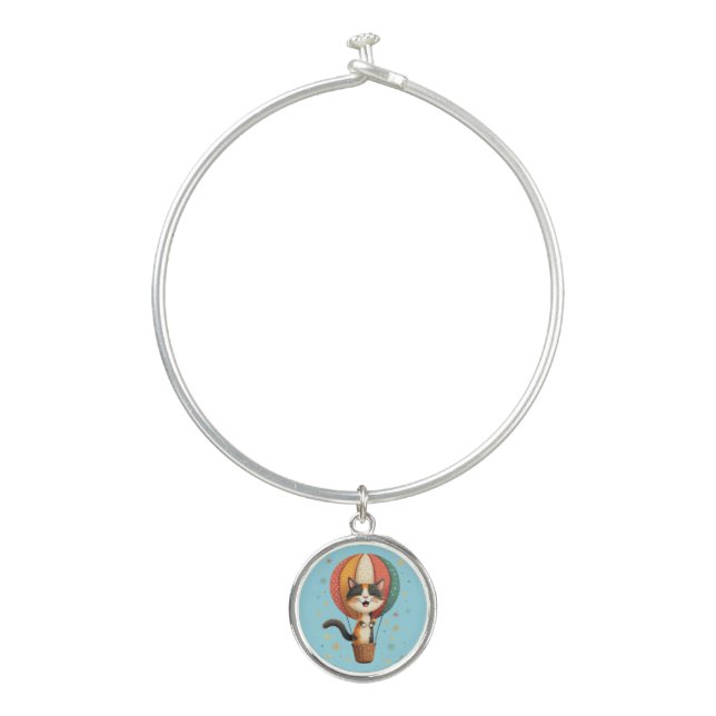 Joyful Calico Cat Sky Adventure Illustration Bangle Bracelet (Front)