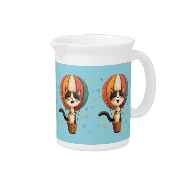 Joyful Calico Cat Sky Adventure Illustration Beverage Pitcher (Right)