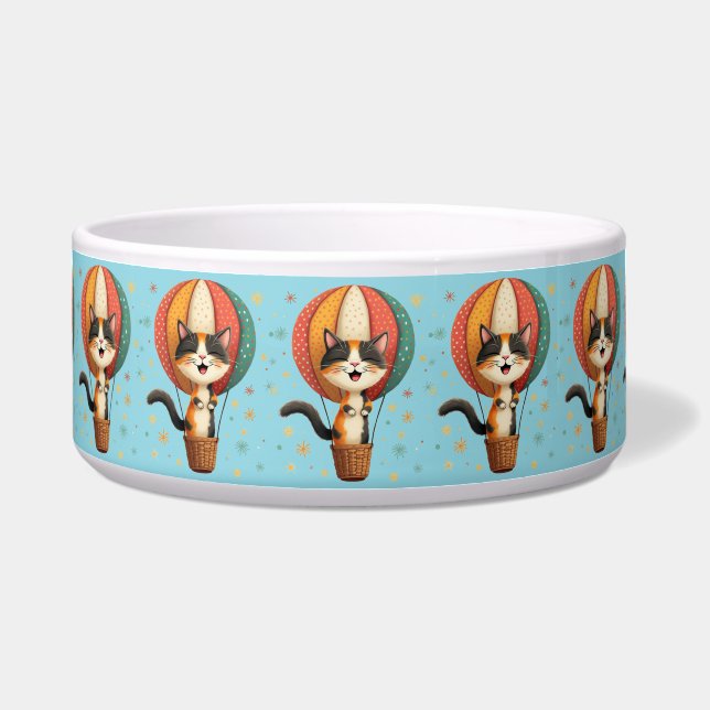 Joyful Calico Cat Sky Adventure Illustration Bowl (Front)
