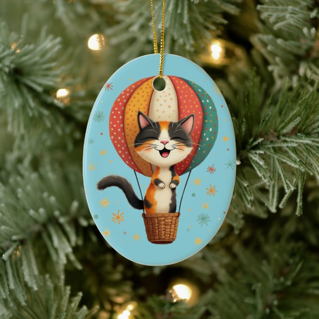 Joyful Calico Cat Sky Adventure Illustration Ceramic Ornament (Tree)