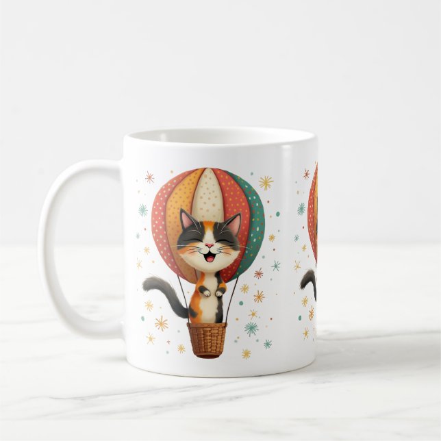 Joyful Calico Cat Sky Adventure Illustration Coffee Mug (Left)