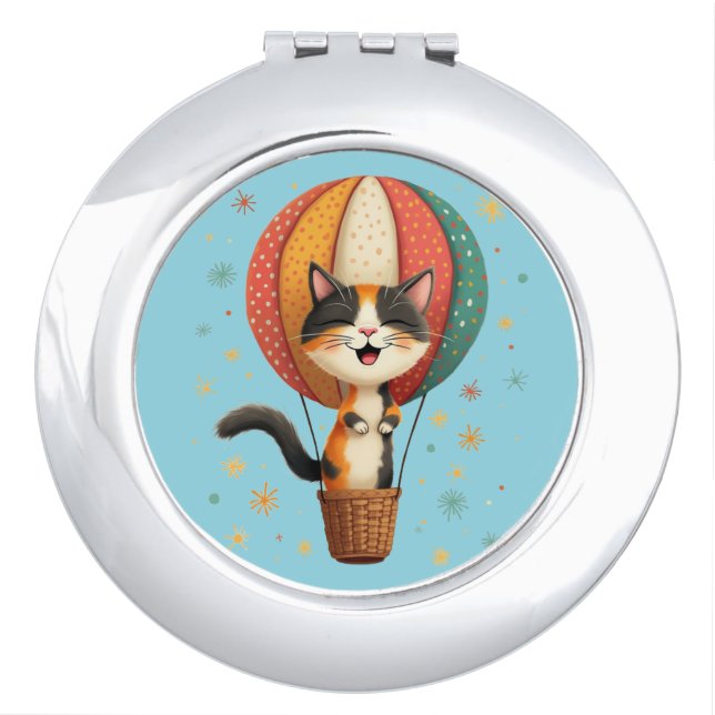 Joyful Calico Cat Sky Adventure Illustration Compact Mirror (Front)
