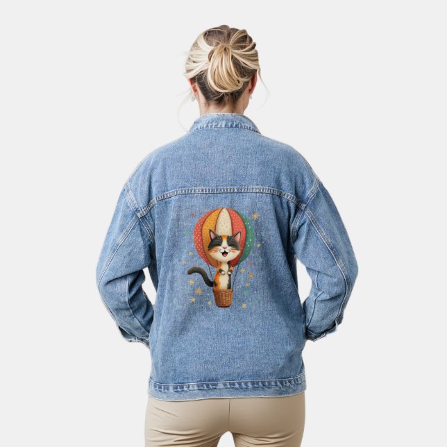 Joyful Calico Cat Sky Adventure Illustration Denim Jacket (Model)