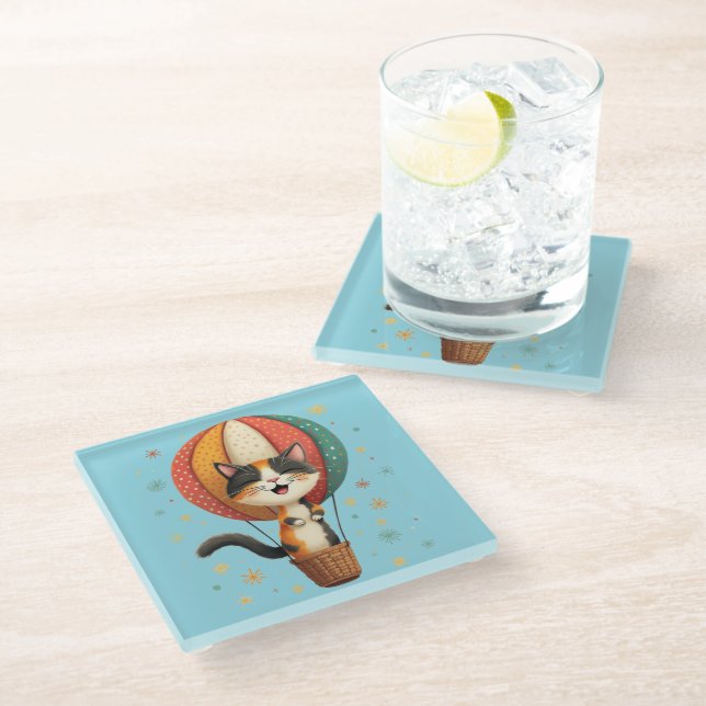 Joyful Calico Cat Sky Adventure Illustration Glass Coaster (Angled)
