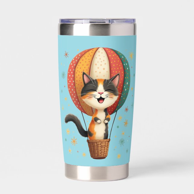 Joyful Calico Cat Sky Adventure Illustration Insulated Tumbler (Front)